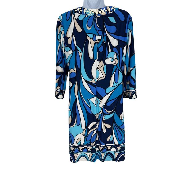 Chicos 3/4 Sleeve Blue Abstract Print Tunic Dress W/ Beaded Neckline Size 0 US S - Picture 5 of 9